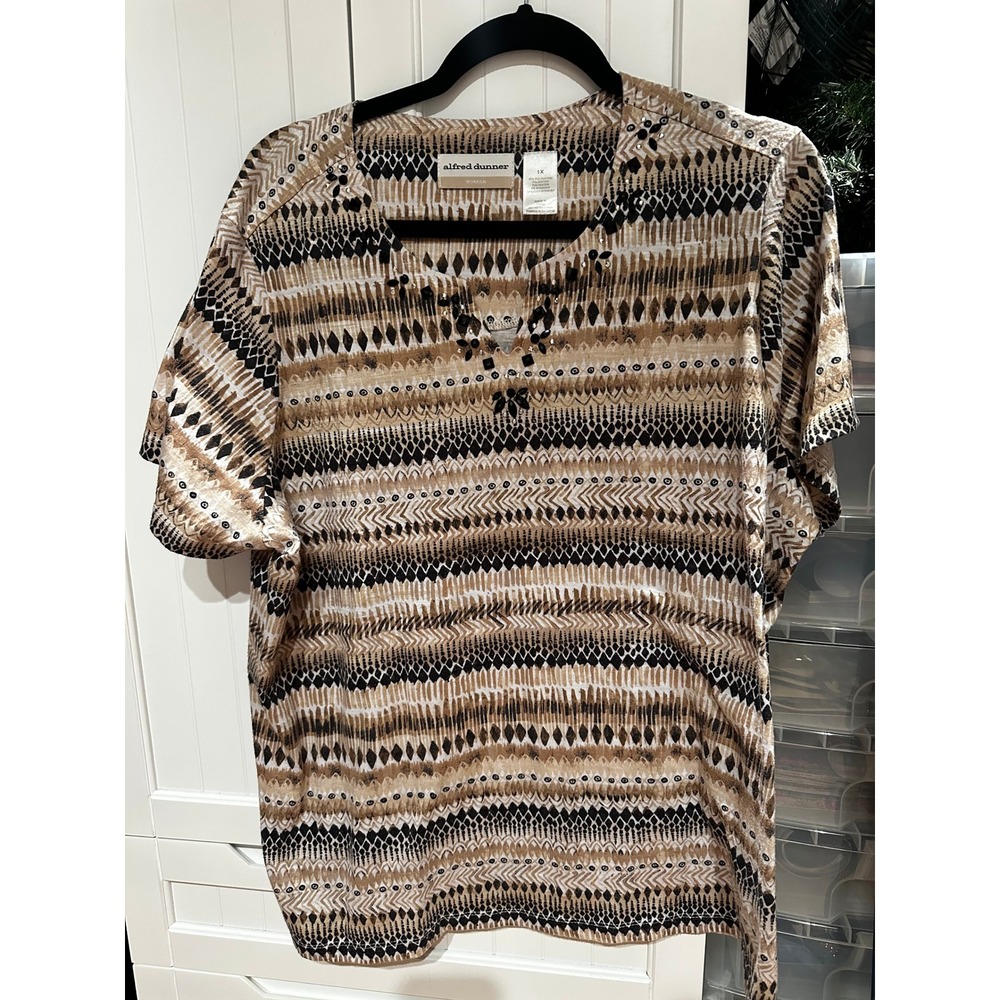 Alfred Dunner Woman Geometric Tribal Print Beaded Split Neck Top Brown 1X